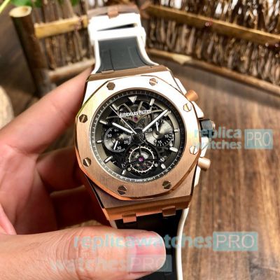 Copy Audemars Piguet Royal Oak Chronograph Gold Bezel Black & White Rubber Strap Watch